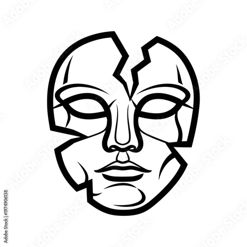 A broken face mask with a cracked and fragmented design