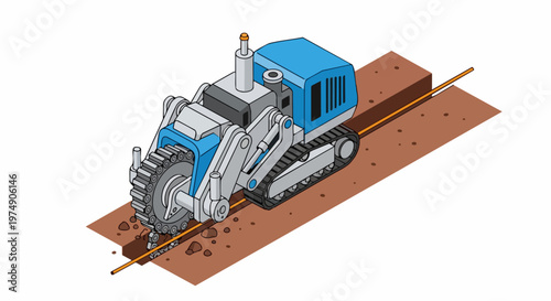 Isometric Illustration of a Heavy Duty Trencher Machine Digging a Trench for Underground Utility Cable Installation