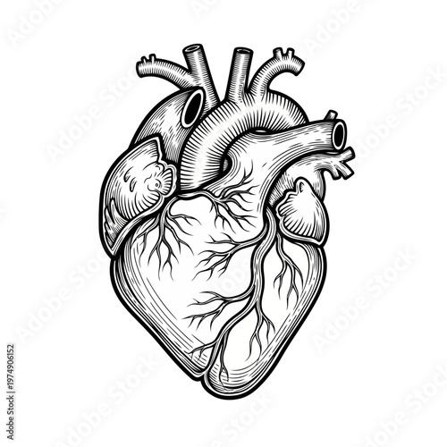 A detailed illustration of a human heart with its chambers and vessels