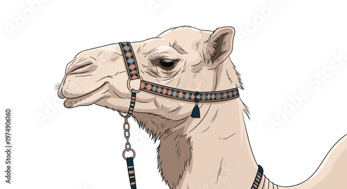 Detailed illustration of a dromedary camel head wearing a traditional decorative harness with ethnic geometric patterns.