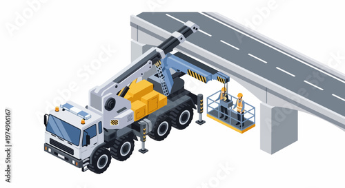 Isometric Bridge Maintenance Truck with Workers on Hydraulic Platform Under Highway Overpass, Infrastructure Repair and Engineering Concept