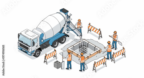 Isometric Construction Site Illustration with Concrete Mixer Truck and Workers Pouring Foundation