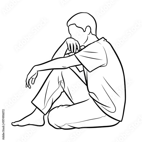 A man sits alone in a contemplative and melancholic pose on the floor