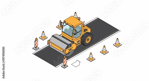 Isometric Road Roller Compactor Machine Paving Asphalt Road with Safety Traffic Cones and Barriers; Construction Site Vector Illustration on White Background