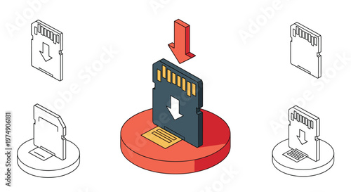 Isometric illustration of a dark grey SD card being inserted into a red circular base with a red arrow pointing down.