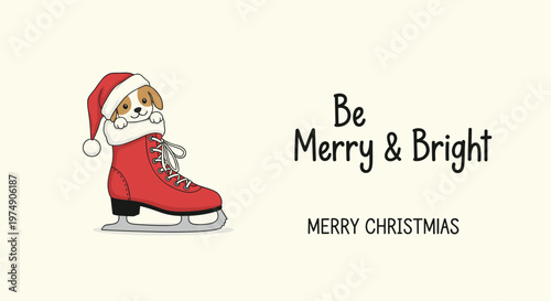 Cute puppy wearing a red Santa hat peeking out of a red ice skate boot with Christmas greetings on a light background.
