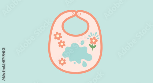 Cute pink baby bib with floral patterns and a splash of fresh milk on a light turquoise and mint green background.