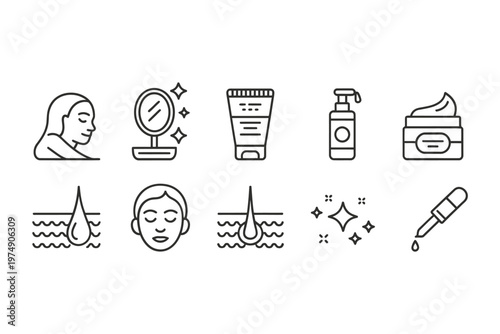 A collection of linear icons representing various skincare products and facial features high quality professional detailed