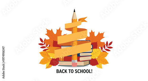 Back to school themed illustration featuring a giant pencil wrapped in a ribbon standing on a pile of text books.