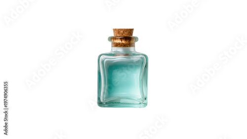 фотографія Isolated elegant square glass bottle with cork stopper, filled with aqua blue liquid