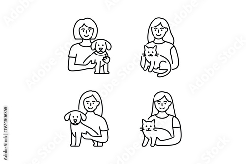 Simple line art depicts four women each holding or with a different pet a dog or cat