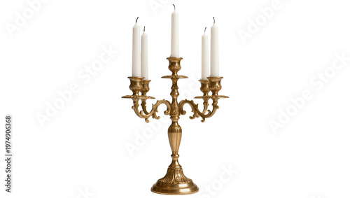 Tableau sur toile Isolated ornate gold brass candelabra with five elegant white candles, classic v