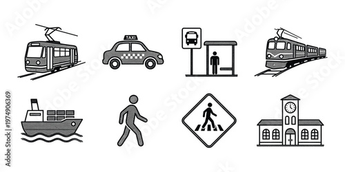 Transportation tram taxi bus train ship pedestrian crossing and station