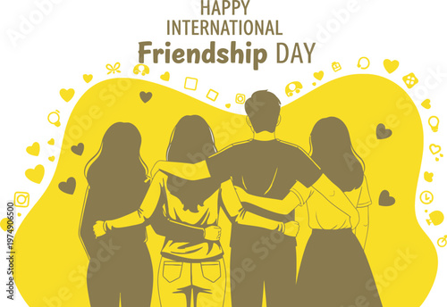 Friendship Day Silhouette of four friends with arms around each other on yellow background with hearts for friendship celebration vector illustration