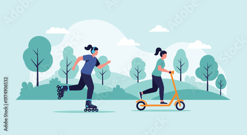 Two young women enjoying outdoor activities by roller skating and riding a scooter in a green city park environment.
