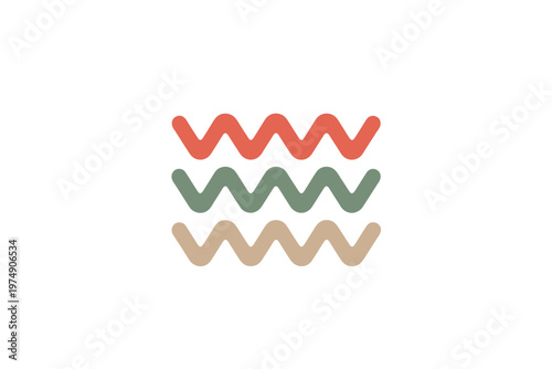 Three rows of stylized wavy lines in red green and beige tones against a white background