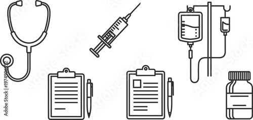 Medical Healthcare Equipment and Hospital Supplies Line Icon Vector Set