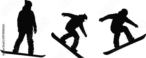 Snowboarder silhouettes set, winter sport action, jumping and riding poses, extreme activity concept, black vector illustration, isolated background, dynamic design