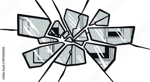 A broken glass window with shards.