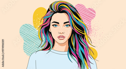 Portrait of a beautiful young woman with multi colored hair in a vibrant pop art style illustration on pastel back.