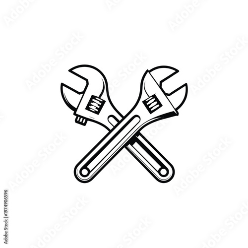 A black and white illustration depicts two adjustable wrenches crossed over each other high quality professional