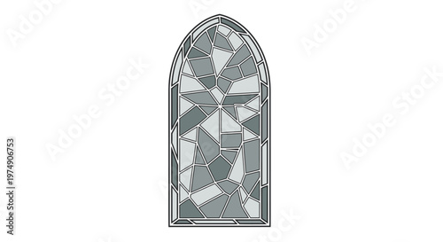 Grey scale mosaic arched window with abstract fractured shapes and black outlines, isolated white background.