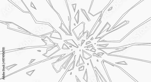 Dynamic exploding shattered broken glass outlines from a central impact, isolated white background.