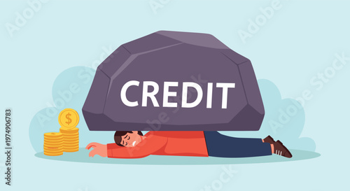 Man lying on the ground being crushed by a massive grey rock labeled CREDIT with gold coins nearby in a park.