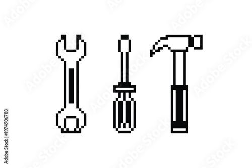 A minimalistic pixelated illustration depicts a wrench a screwdriver and a hammer in black high quality