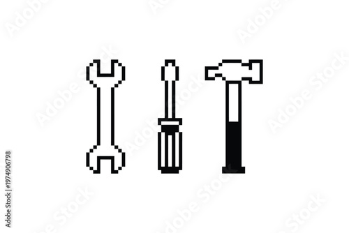 A minimalist depiction of a wrench screwdriver and hammer displayed in a pixelated style high quality