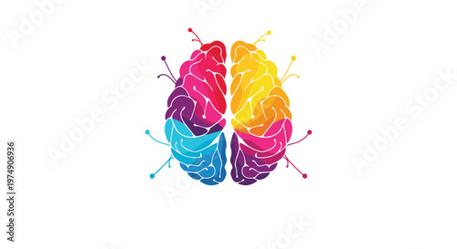 Creative brain logo design composed of colorful overlapping segments and digital nodes representing human intelligence.