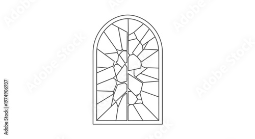 Arched Broken Window Effect, Glass Shards Forming an Arch on Isolated White Background