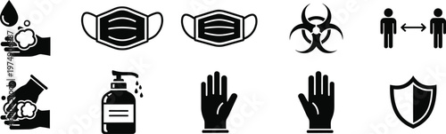Hygiene Safety and Virus Prevention Health Protection Black Icon Set