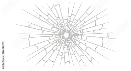 Radial Broken Glass Crack Texture, Shattered Window Effect on Isolated White Background