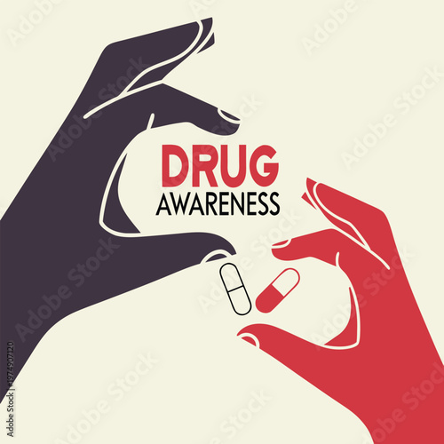 Drug awareness hands showing capsules stop drug abuse and addiction prevention message