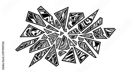 Abstract Black and White Broken Glass Shards Pattern, Isolated White Background