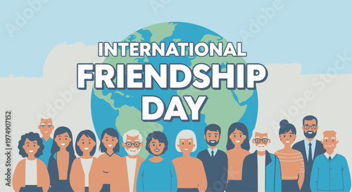 Friendship Day International friendship day banner with diverse group of people standing together in front of globe vector illustration