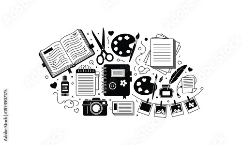 Creative tools and stationery arranged in a stylized illustration