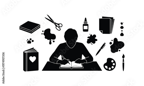 Creative mind at work surrounded by artistic and literary tools