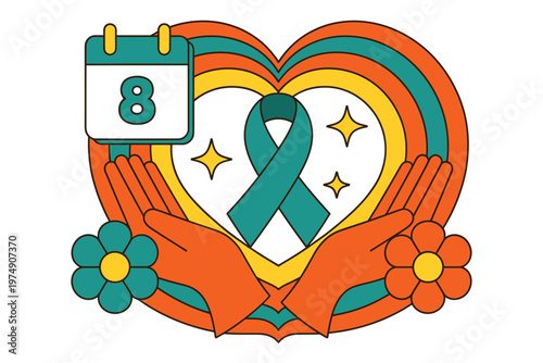 A colorful illustration depicting ovarian cancer awareness with a heart ribbon and calendar high quality professional