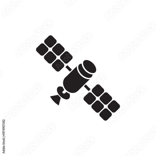 A simple black silhouette illustration of a communications satellite