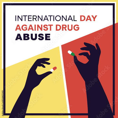 International day against drug abuse illustration featuring dark hands holding colorful pills