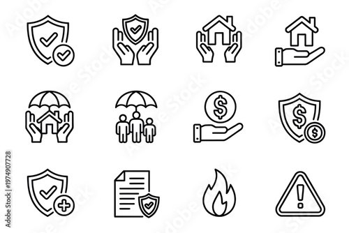 A collection of line art icons representing concepts of security insurance and home protection high quality