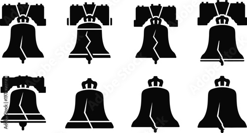 Liberty bell icon set diverse black white illustrations for historical patriotic and american symbolism designs