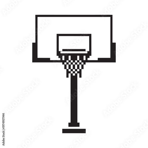 Pixelated black and white illustration of a basketball hoop and net