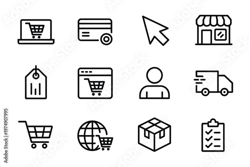 A collection of black line icons depicting various e commerce and shopping related concepts high quality