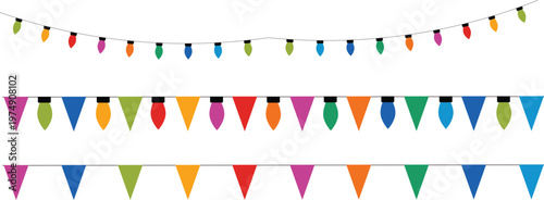 Colorful triangular pennant banners and string lights for party decoration