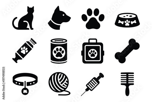 A collection of black silhouette icons depicting various pet related items and animals high quality professional