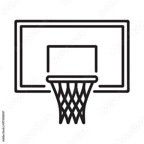Simple black and white line drawing of a basketball hoop and net