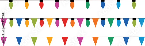 Colorful triangular pennant banners and string lights for party decoration
